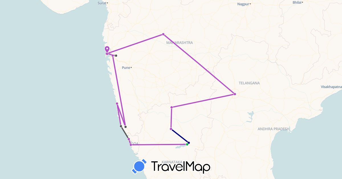 TravelMap itinerary: driving, bus, train, motorbike in India (Asia)